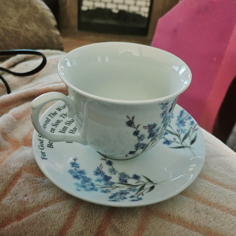 Rare 2pc Vintage Kent Pottery Blue White For God So Loved Cup & Saucer Set 12oz. - Picture 10 of 10
